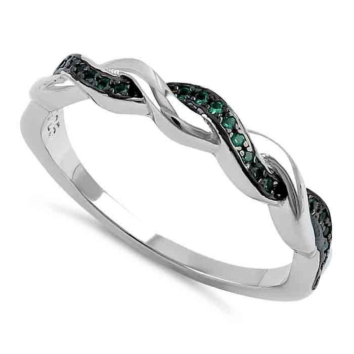 Sterling Silver and Black Rhodium Plated Braided Green CZ Ring