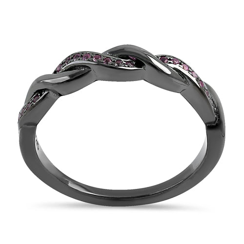 Sterling Silver Black Rhodium Plated Braided with Ruby CZ Ring