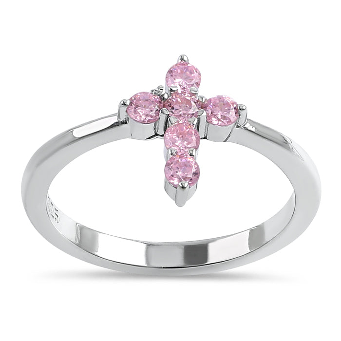 Sterling Silver Cross Pink CZ Ring