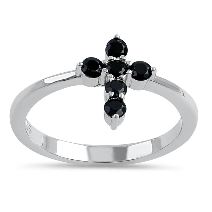 Sterling Silver Cross Black CZ Ring