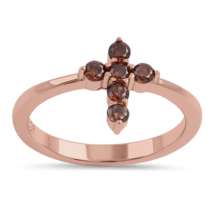 Sterling Silver Rose Gold Plating Cross Brown CZ Ring