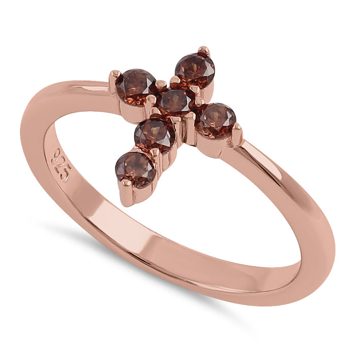 Sterling Silver Rose Gold Plating Cross Brown CZ Ring