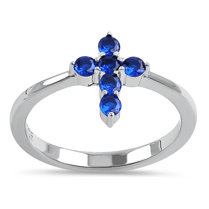 Sterling Silver Cross Blue CZ Ring