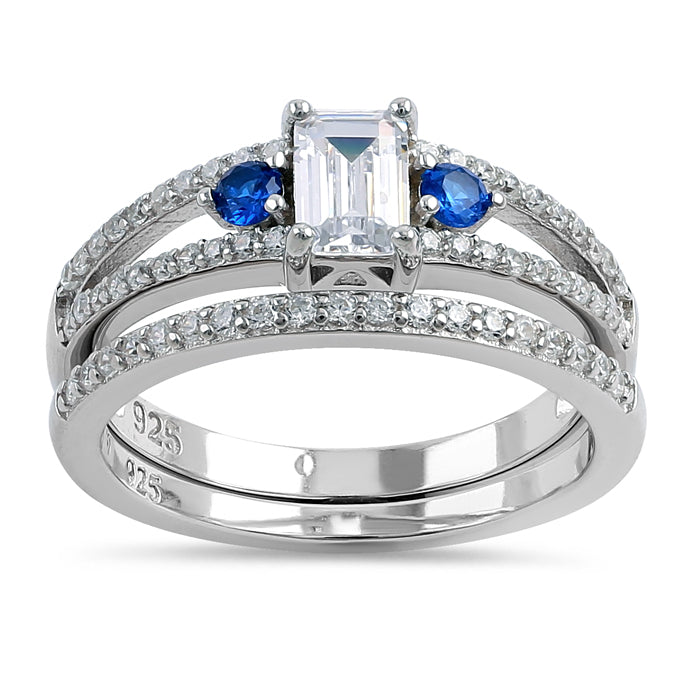 Sterling Silver Clear and Blue CZ Wedding Set Ring