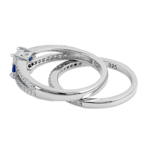 Sterling Silver Clear and Blue CZ Wedding Set Ring