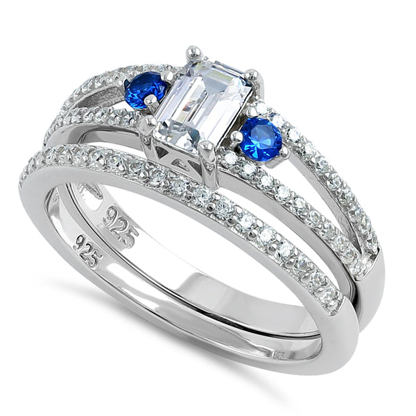 Sterling Silver Clear and Blue CZ Wedding Set Ring