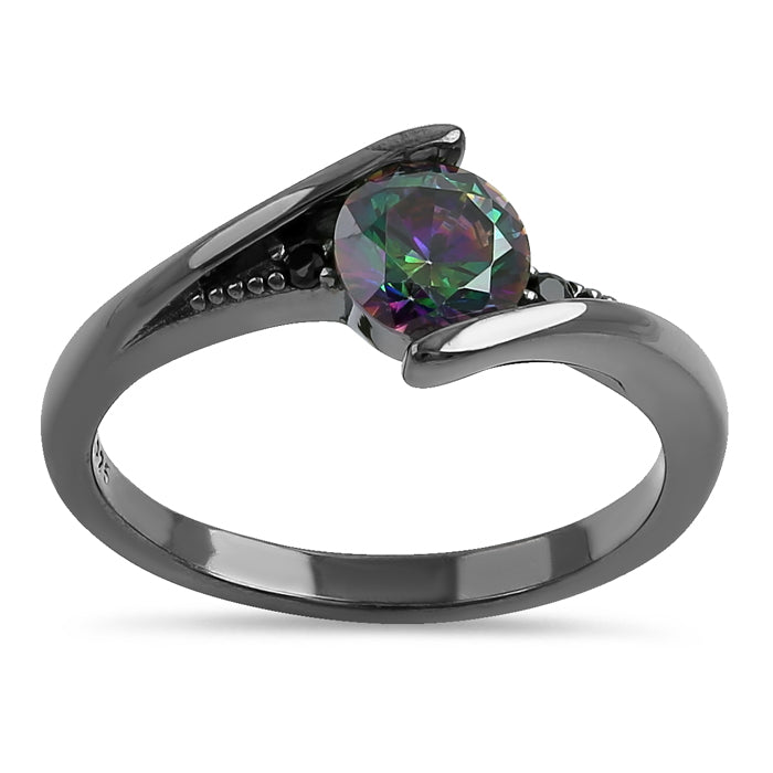 Sterling Silver Black Rhodium Stuck In Between Rainbow CZ Ring