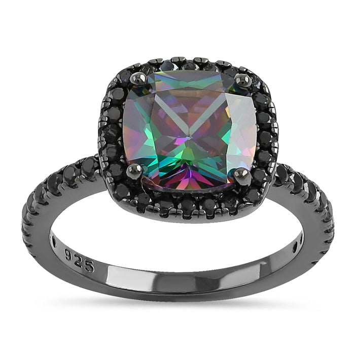 Sterling Silver Black Rhodium Cushion Cut Rainbow CZ Ring