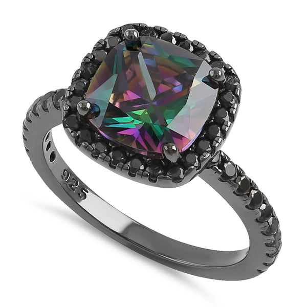 Sterling Silver Black Rhodium Cushion Cut Rainbow CZ Ring