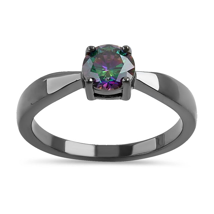 Sterling Silver 6mm Round Rainbow CZ Black Rhodium Ring