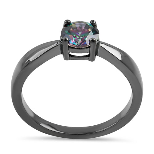 Sterling Silver 6mm Round Rainbow CZ Black Rhodium Ring