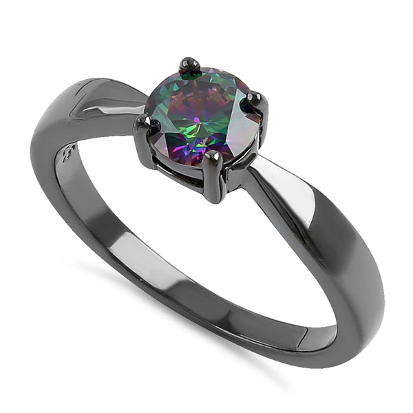 Sterling Silver 6mm Round Rainbow CZ Black Rhodium Ring