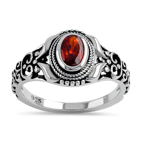 Sterling Silver Austere Oval Cut Red CZ Ring