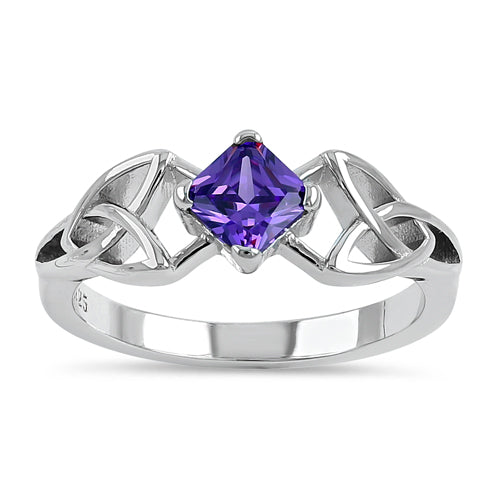 Sterling Silver Celtic Princess Cut Violet CZ Ring