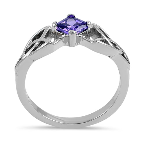 Sterling Silver Celtic Princess Cut Violet CZ Ring