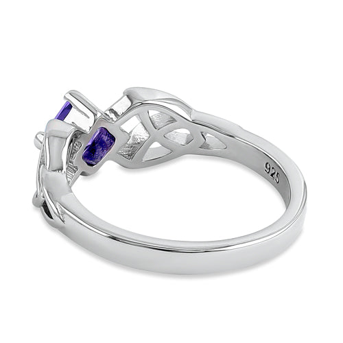 Sterling Silver Celtic Princess Cut Violet CZ Ring