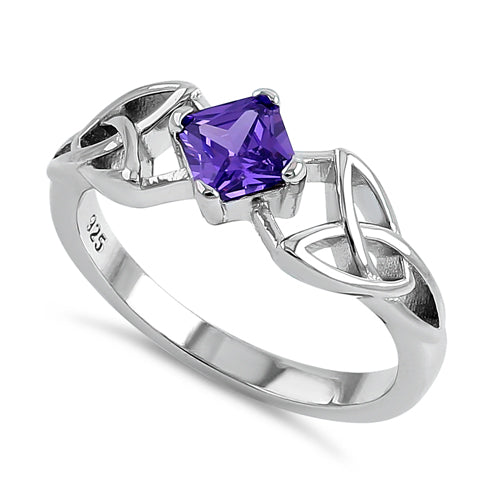 Sterling Silver Celtic Princess Cut Violet CZ Ring