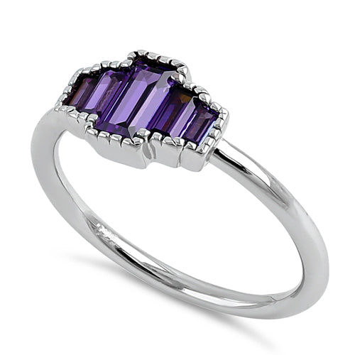 Sterling Silver Five Baguette Cut Amethyst CZ Ring