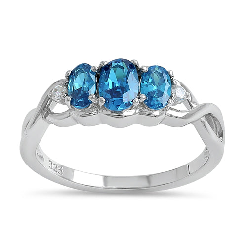 Sterling Silver Triple Oval Blue Topaz CZ Ring