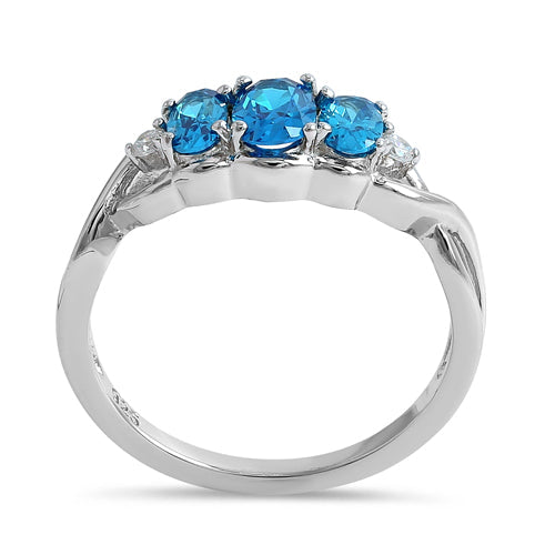 Sterling Silver Triple Oval Blue Topaz CZ Ring