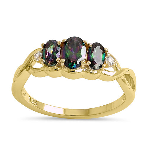 Sterling Silver Gold Plated Triple Oval Rainbow CZ Ring