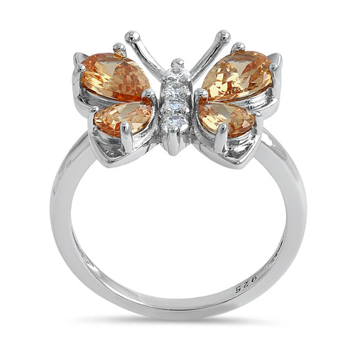 Sterling Silver Large Champagne CZ Butterfly Ring