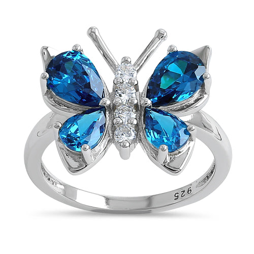 Sterling Silver Large Blue Topaz CZ Butterfly Ring
