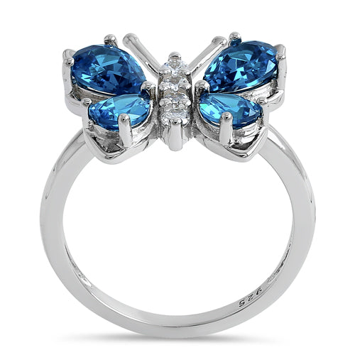 Sterling Silver Large Blue Topaz CZ Butterfly Ring