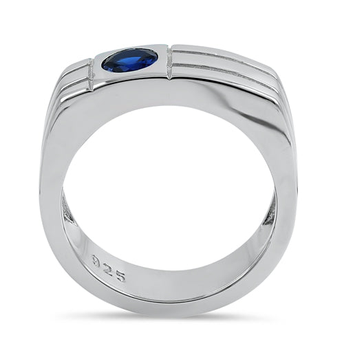 Sterling Silver Men's Offset Round Cut Blue CZ Ring