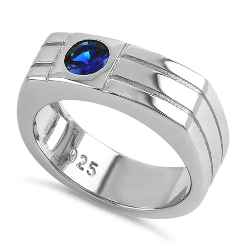 Sterling Silver Men's Offset Round Cut Blue CZ Ring