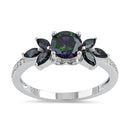 Sterling Silver Flower Leaves Rainbow CZ Ring