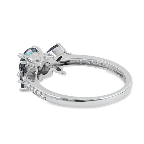 Sterling Silver Flower Leaves Rainbow CZ Ring