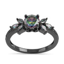 Sterling Silver Black Rhodium Flower Leaves Rainbow CZ Ring