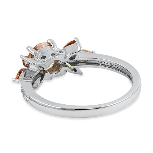Sterling Silver Flower Leaves Champagne  CZ Ring