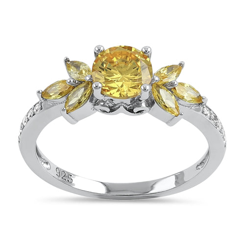 Sterling Silver Flower Leaves Golden Yellow CZ Ring