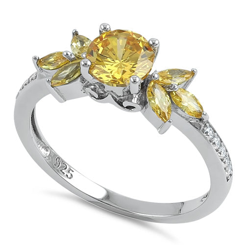 Sterling Silver Flower Leaves Golden Yellow CZ Ring