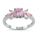 Sterling Silver Flower Leaves Pink CZ Ring