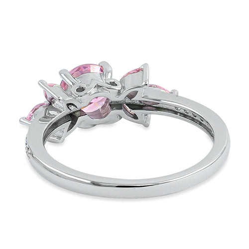 Sterling Silver Flower Leaves Pink CZ Ring