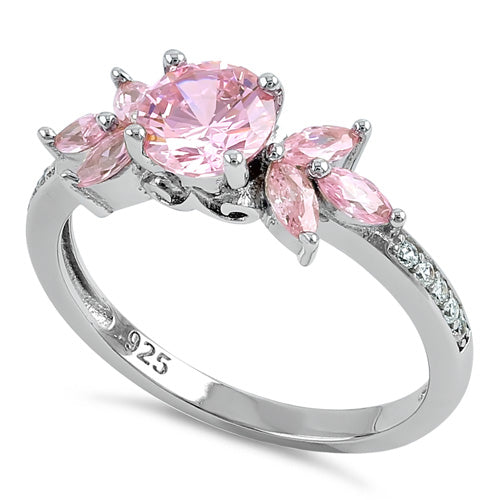 Sterling Silver Flower Leaves Pink CZ Ring