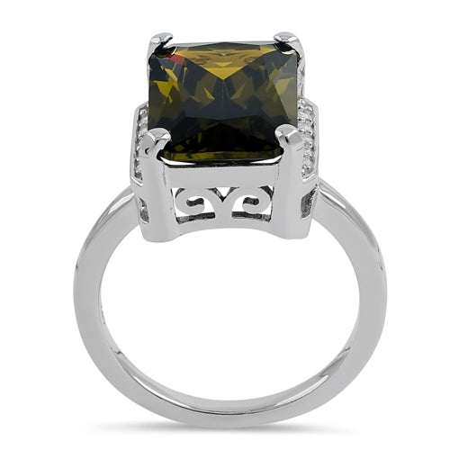 Sterling Silver Big Peridot Rectangle CZ Ring