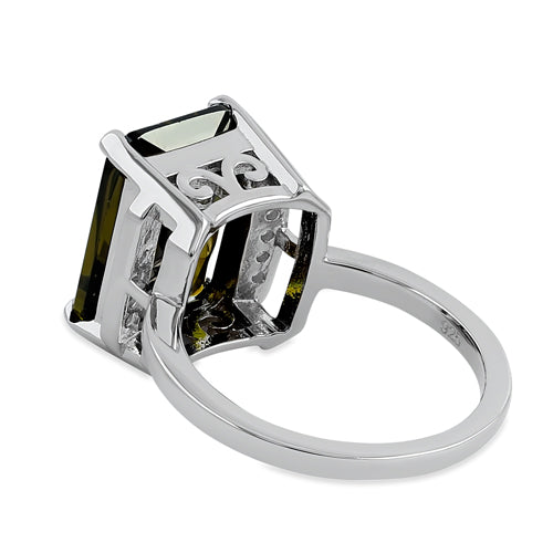 Sterling Silver Big Peridot Rectangle CZ Ring