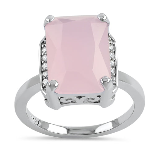 Sterling Silver Big Pink Glass Rectangle Ring