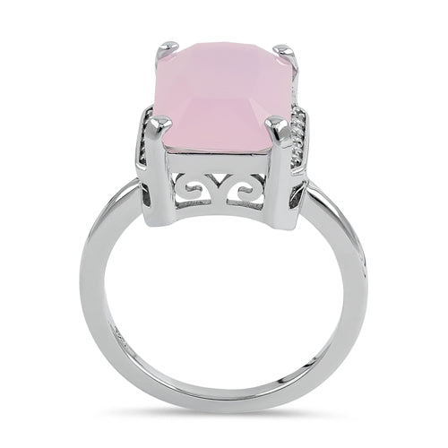 Sterling Silver Big Pink Glass Rectangle Ring