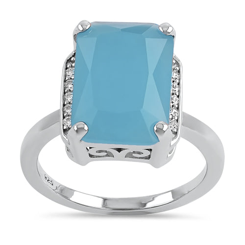 Sterling Silver Big Blue Glass Rectangle Ring