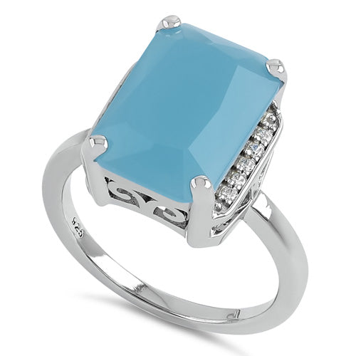 Sterling Silver Big Blue Glass Rectangle Ring