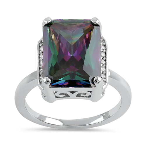 Sterling Silver Big Rainbow Rectangle CZ Ring