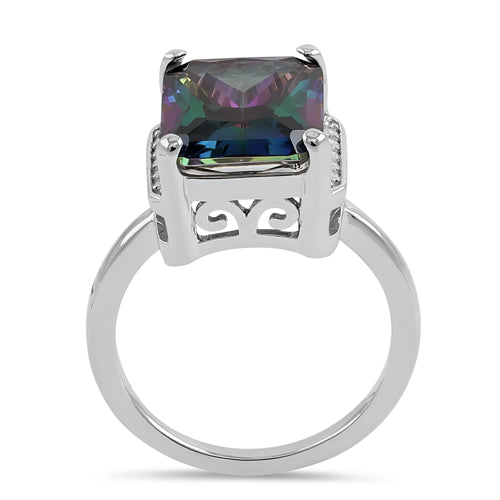 Sterling Silver Big Rainbow Rectangle CZ Ring