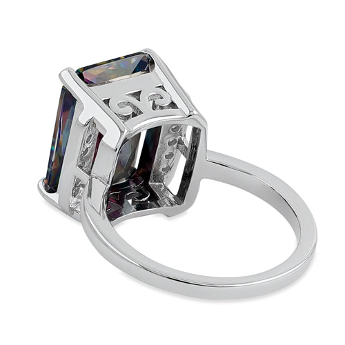 Sterling Silver Big Rainbow Rectangle CZ Ring