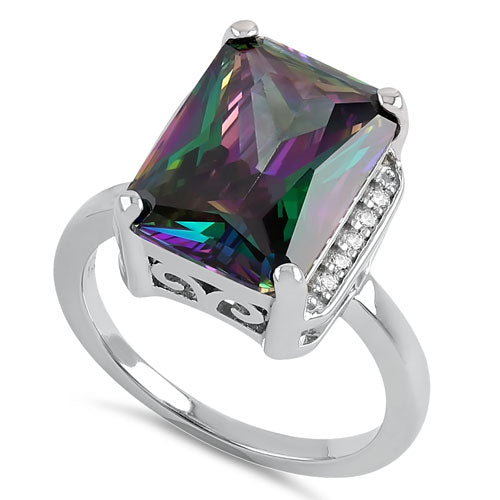 Sterling Silver Big Rainbow Rectangle CZ Ring