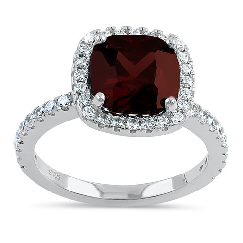 Sterling Silver Cushion Cut Dark Garnet CZ Ring